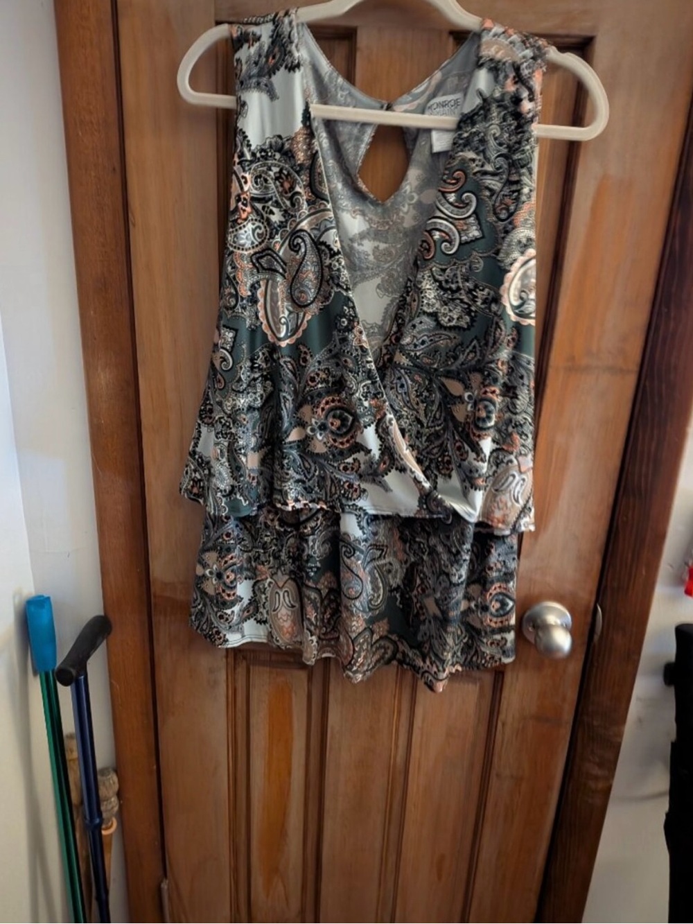 Monroe & Main Paisley Print Sleeveless Top in Olive & Coral